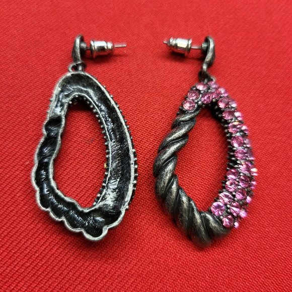 Drop Dangle Earring Pewter Silver with Pink Rhinestones - Picture 11 of 12
